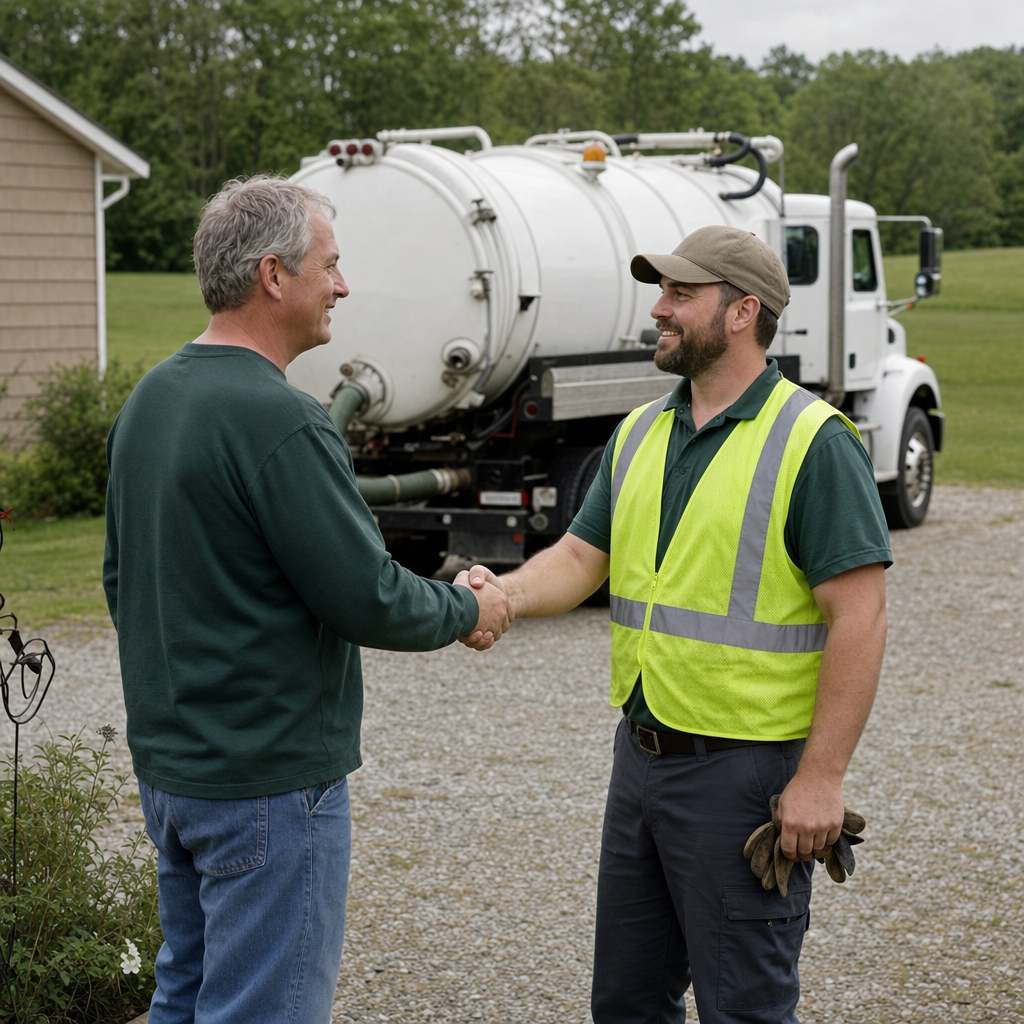 A septic technician shaking a East Irvine homeowner's hand beside the service truck after a completed pump-out
