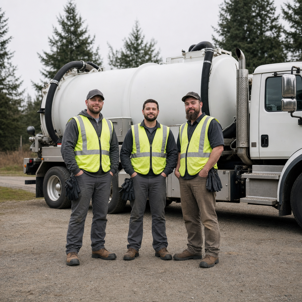 The East Irvine septic pumping crew standing together beside their clean white vacuum truck on a residential street