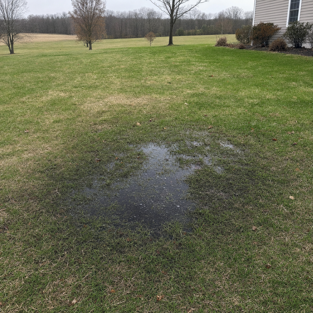 A dark, saturated wet spot in a East Irvine backyard lawn marking a failing cesspool at capacity