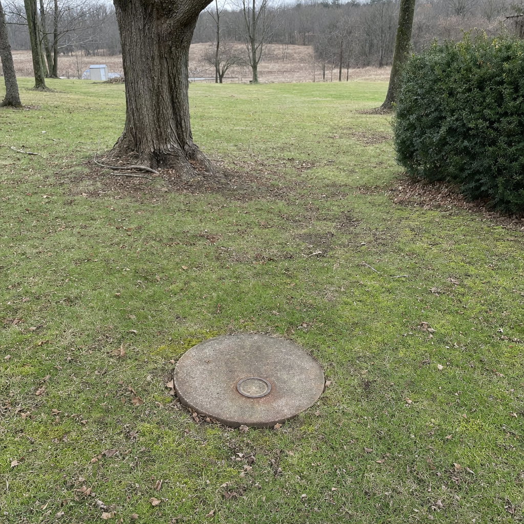 An older round cesspool access lid set flush in an established, mature East Irvine backyard lawn