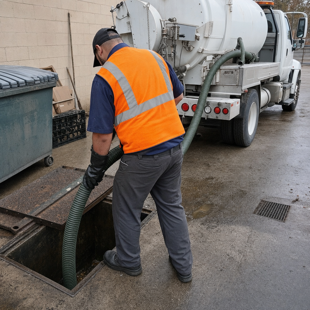 Technician pumping a grease trap behind a East Irvine restaurant
