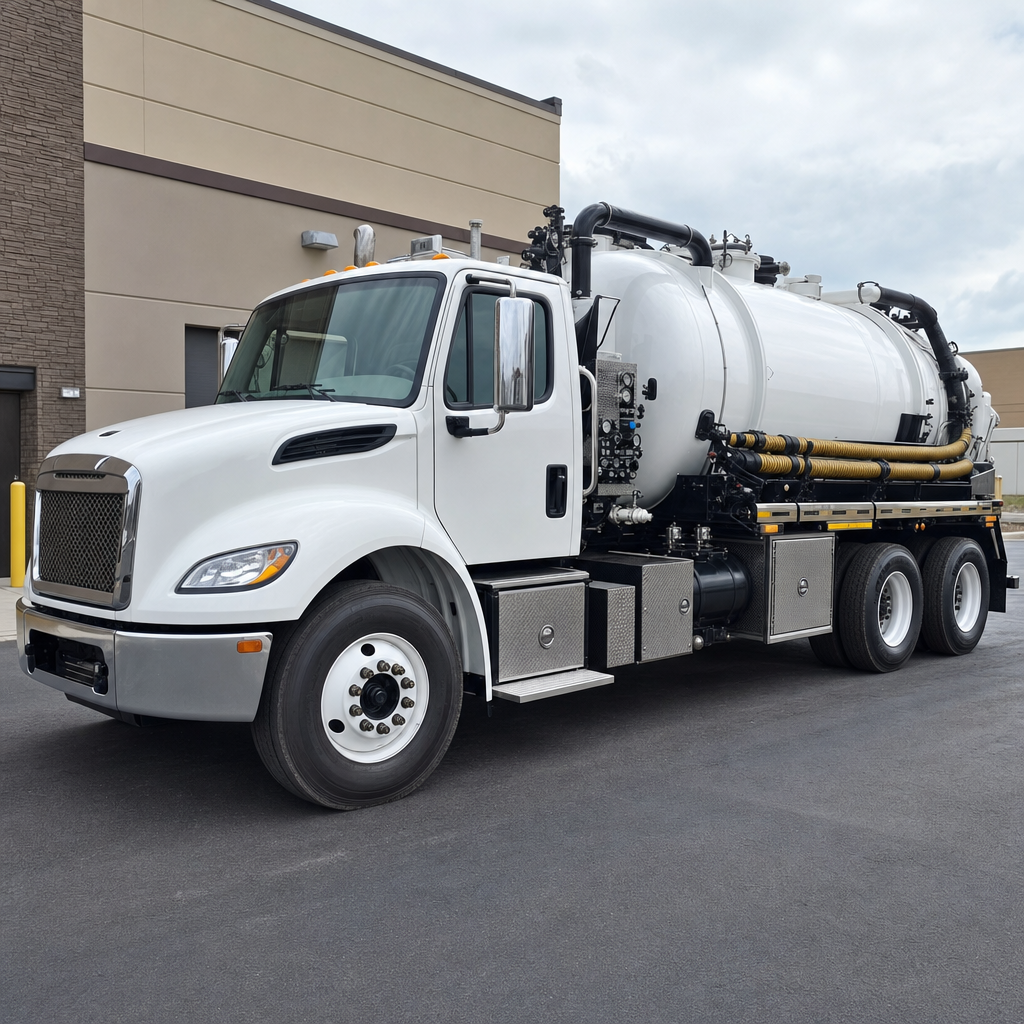 Commercial septic vacuum truck parked in a East Irvine business parking lot