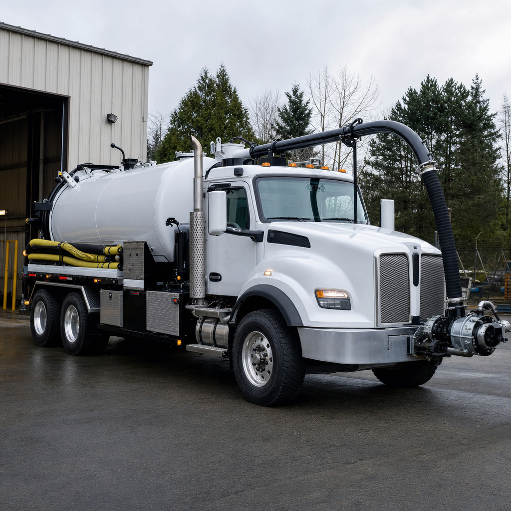 A clean white septic vacuum truck rolling out of a tidy East Irvine service depot at the start of the day