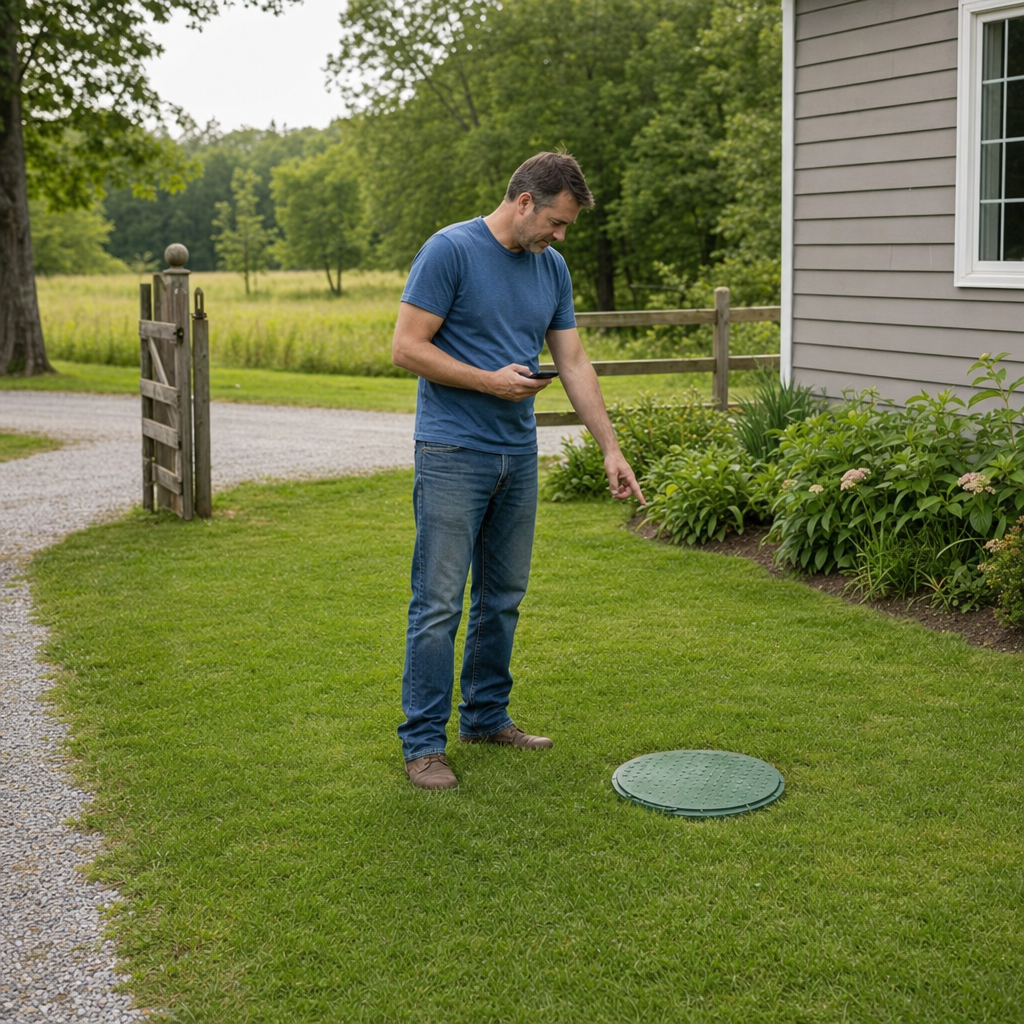 A East Irvine-area homeowner standing in the backyard noting where the septic tank lid and access route are located