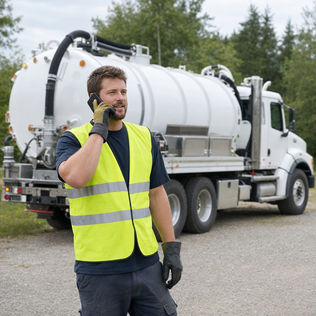 A friendly septic dispatcher holding a phone, ready to answer a East Irvine homeowner's call about a pump-out
