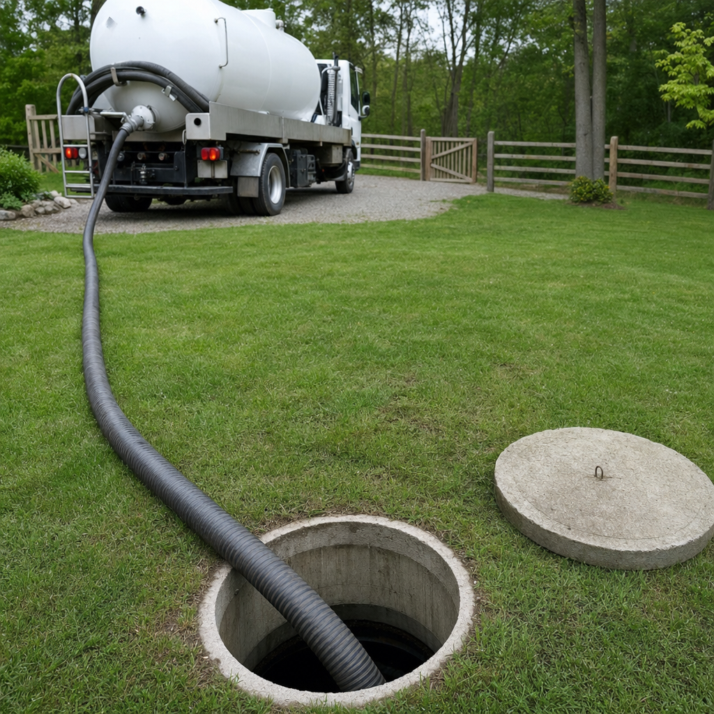Suction hose connected to an open septic tank, drawing it down in a tidy East Irvine yard
