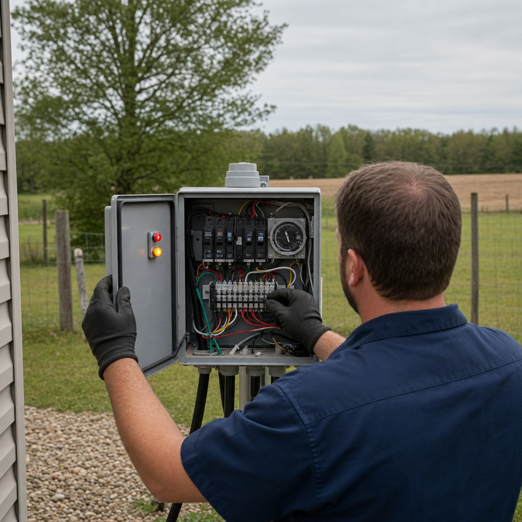 Technician checking an aerobic septic control box with a lit red high-water alarm during a same-day East Irvine visit