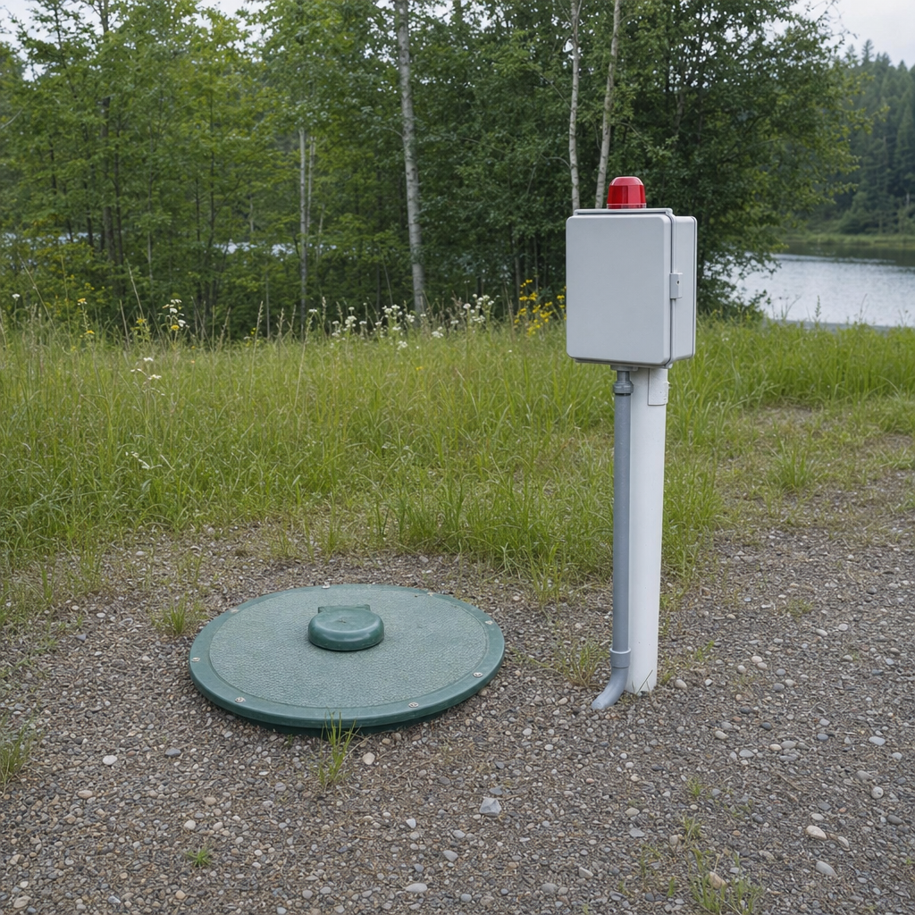 A wastewater holding tank access lid set in the ground at a rural East Irvine-area cabin, with a mounted high-level float alarm panel nearby