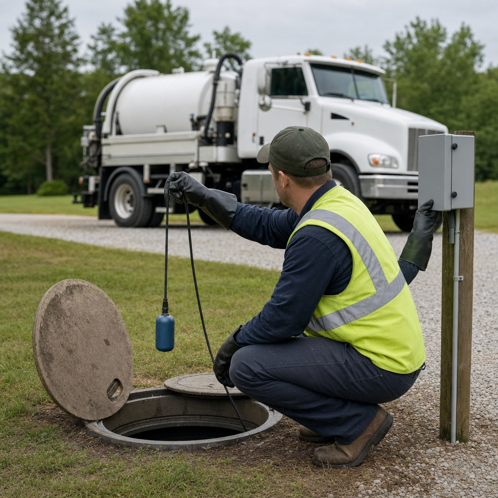 A septic technician in a high-visibility vest checking a high-level float switch and alarm panel on a holding tank at a rural East Irvine-area site