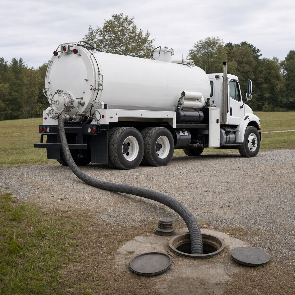 An unmarked white vacuum truck emptying a wastewater holding tank on a scheduled visit at a rural East Irvine-area property, thick suction hose running to the tank lid