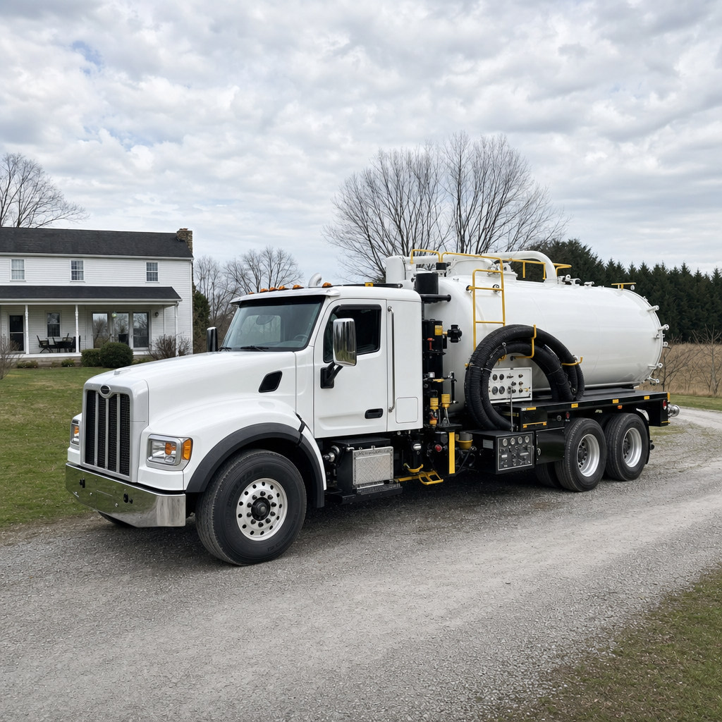 A clean white septic vacuum truck parked on a tidy East Irvine driveway with the suction hose neatly coiled