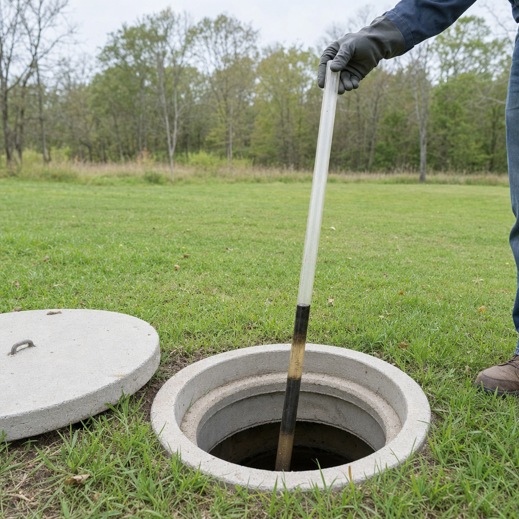 A septic sludge-judge measuring stick lowered into an open East Irvine septic tank to read the depth of the sludge and scum layers before deciding whether a pump-out is due
