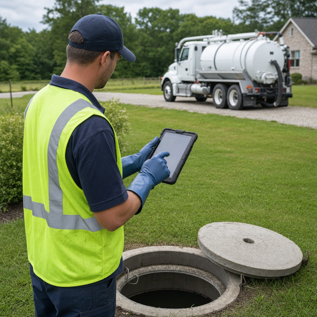 A septic technician recording a East Irvine home's pump-out date and tank condition on a tablet beside an open access lid, tracking the service history that sets the next due date