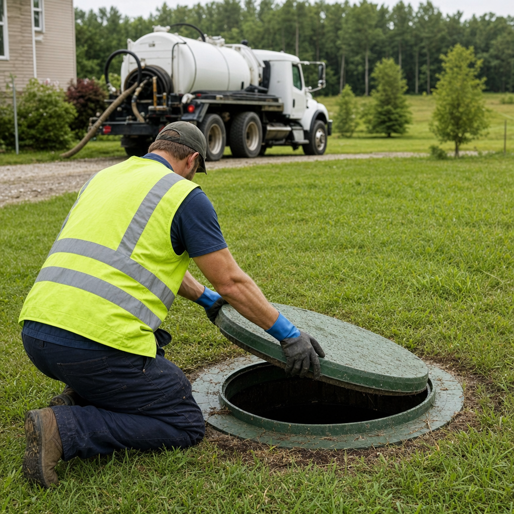 Septic technician kneeling on a East Irvine lawn, lifting the access lid on a residential septic tank