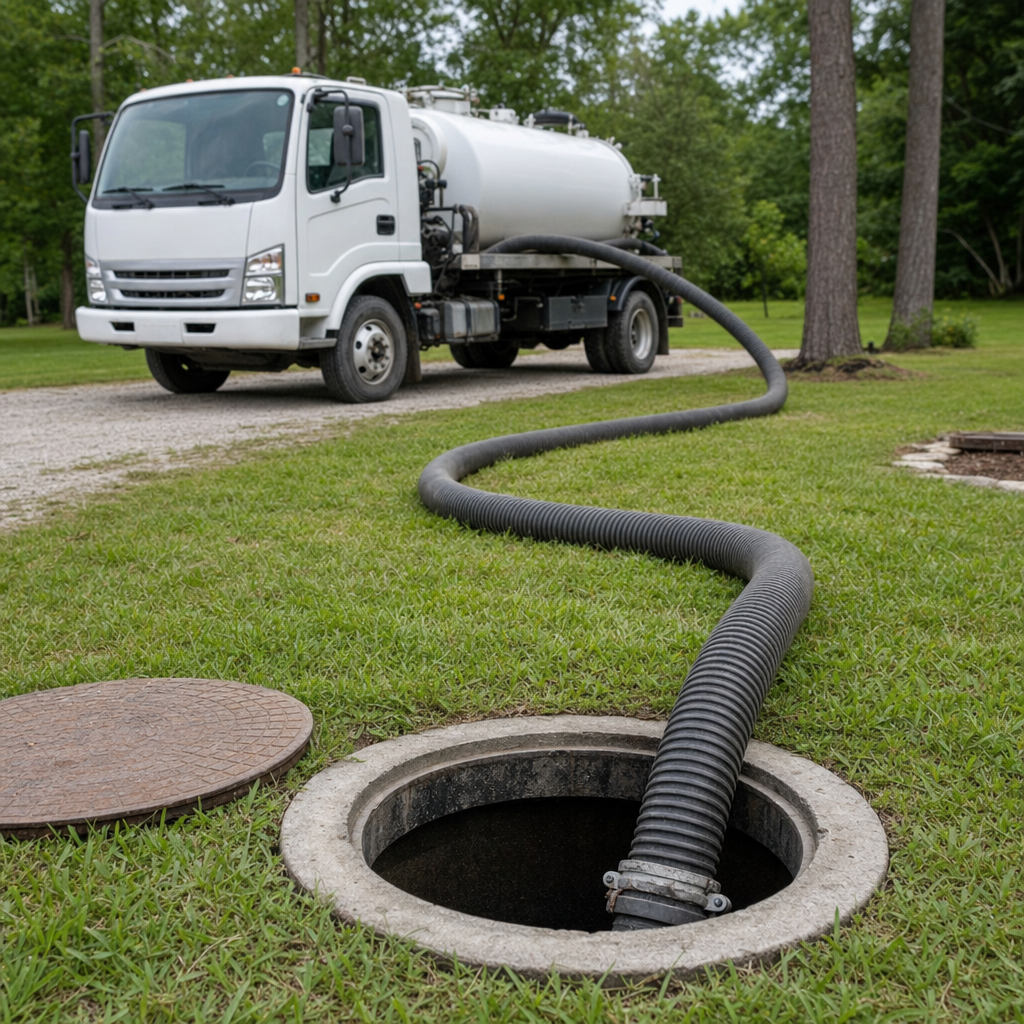 Thick ribbed suction hose lowered into a clean open septic tank port on a tidy East Irvine backyard lawn
