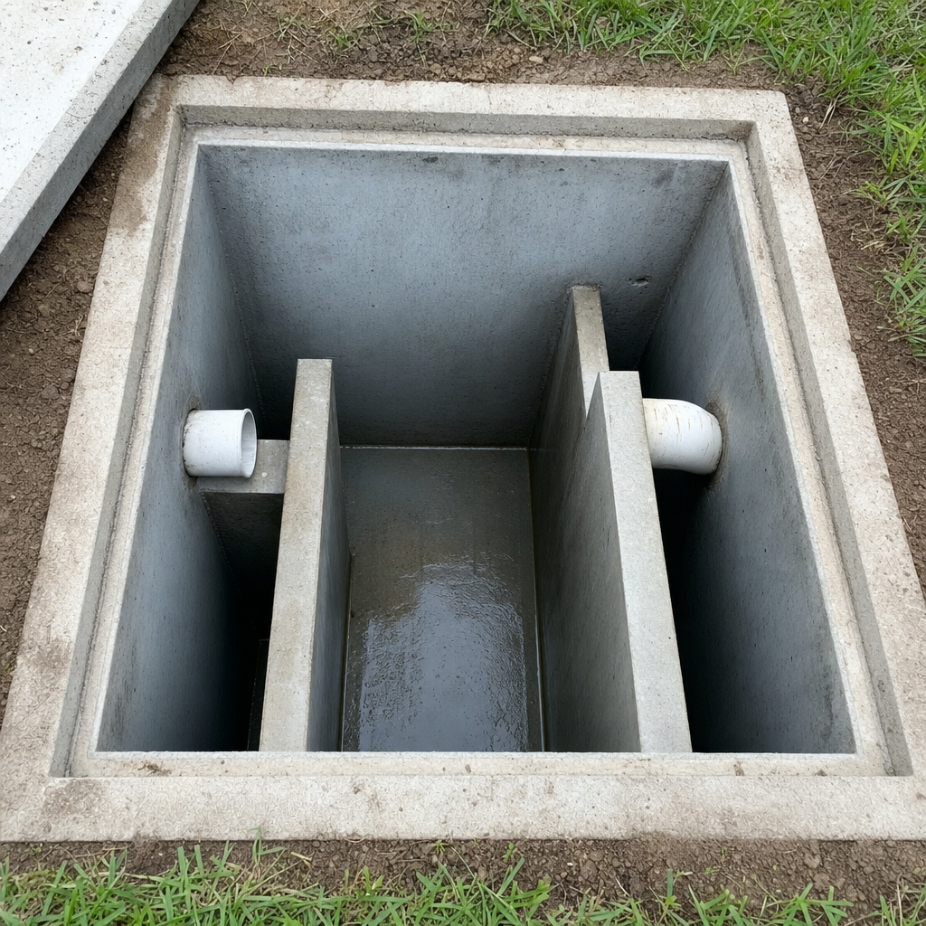 Inspection of the concrete baffles inside an open, emptied and freshly cleaned East Irvine septic tank