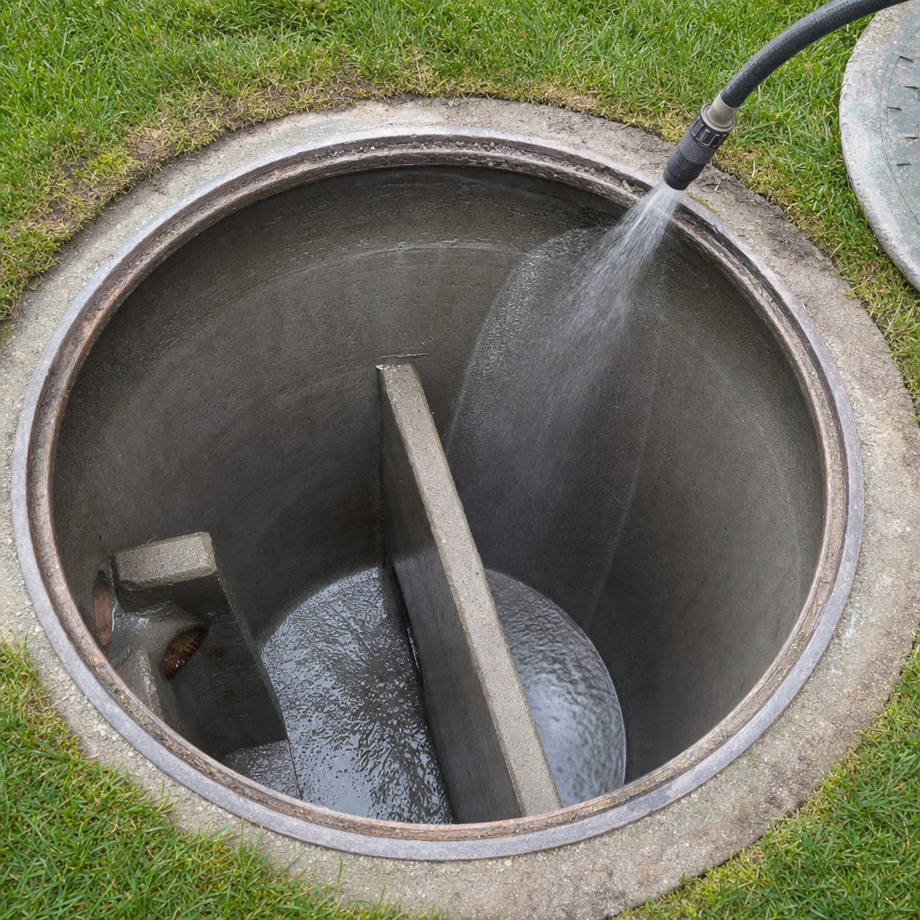 Interior concrete walls of an emptied East Irvine septic tank being rinsed clean with the truck's onboard water hose