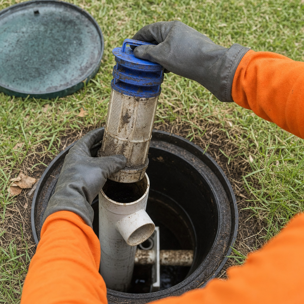 Septic technician's gloved hands lifting the effluent filter cartridge out of the outlet housing on a East Irvine septic tank