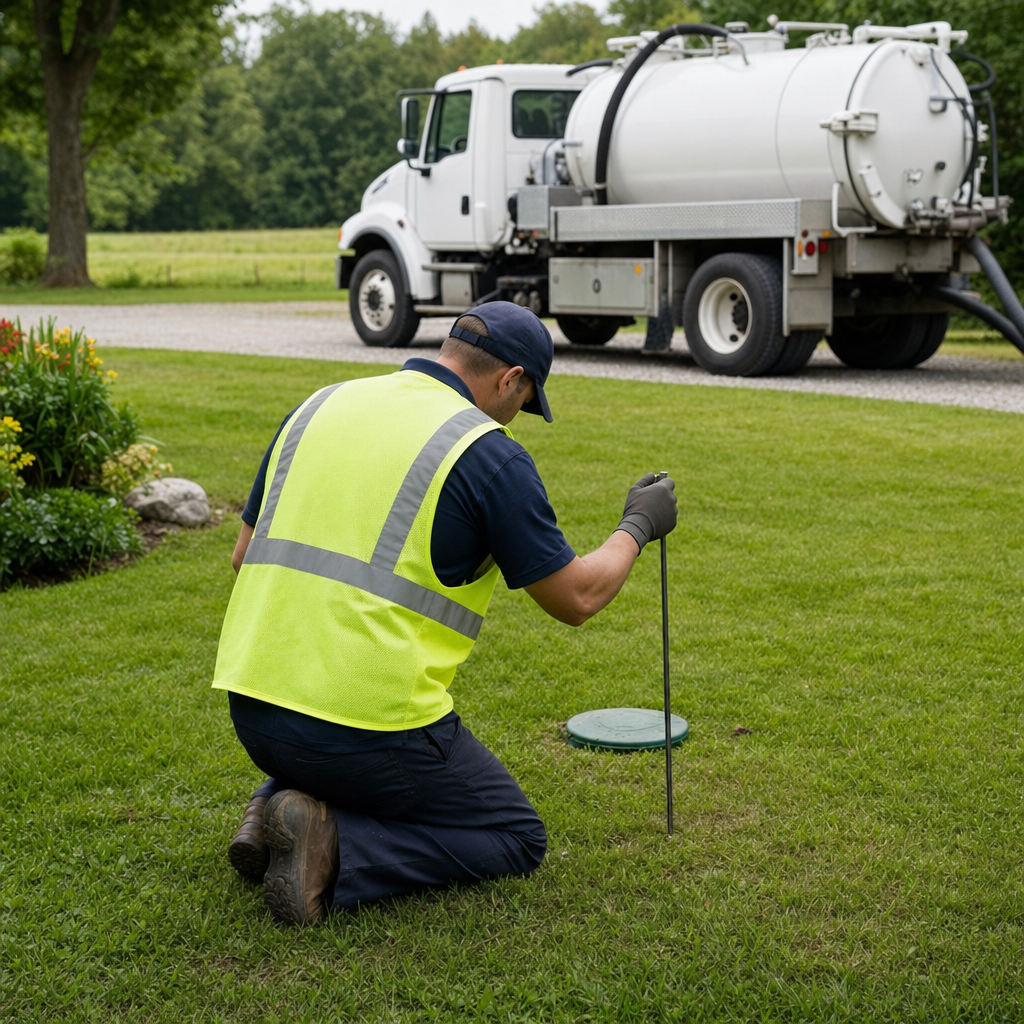 Septic technician kneeling on a East Irvine lawn, probing to locate and measure the depth of a buried septic tank lid before pumping