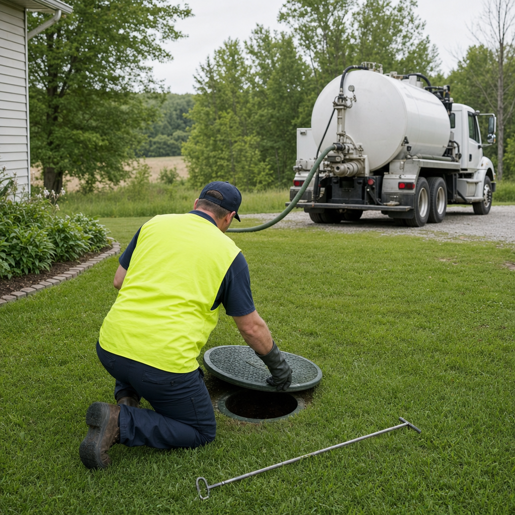 Septic technician kneeling on a East Irvine lawn, lifting the buried access lid on a residential septic tank