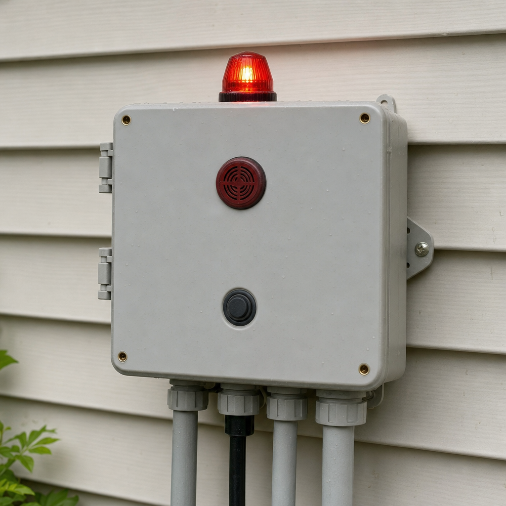 An aerobic septic system control panel mounted outside a East Irvine home with its red high-water alarm light lit