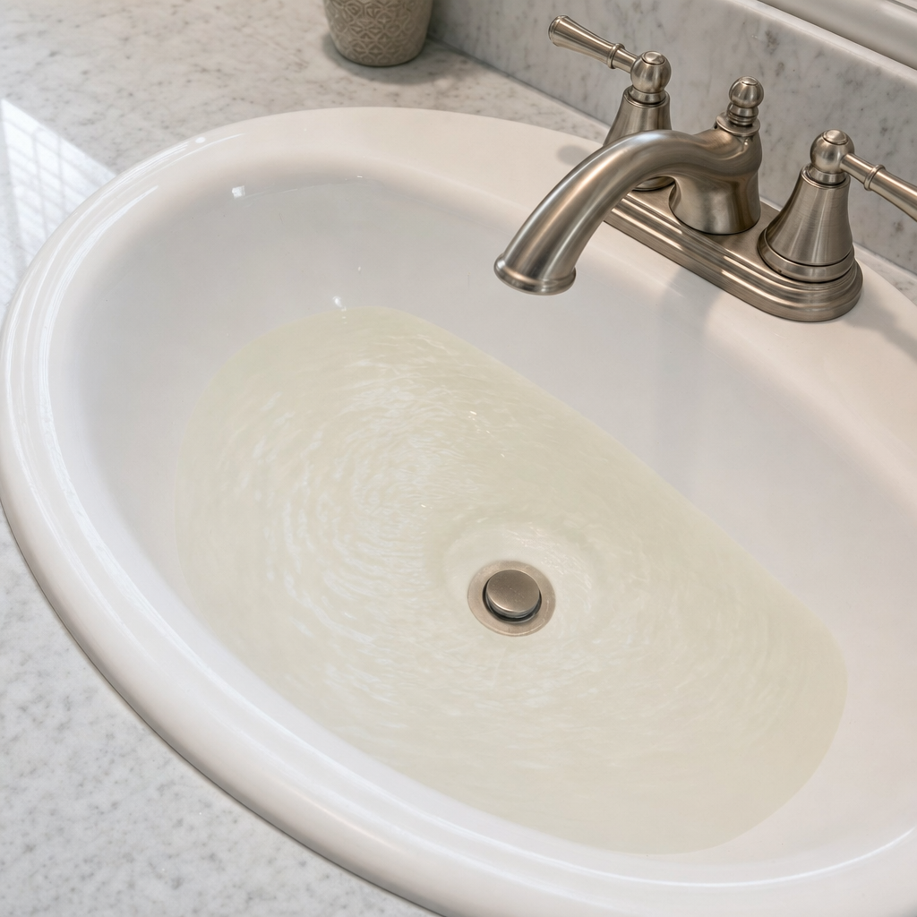 A bathroom sink draining slowly with water pooled in the basin, an early warning sign that a East Irvine septic tank is full